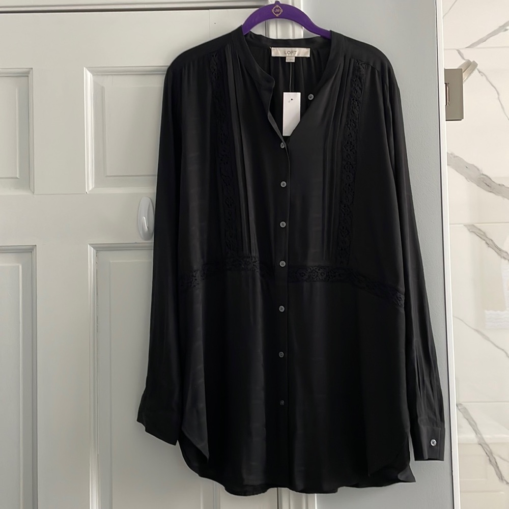 NWT LOFT Black Stitch-Detail Textured Stripe Button-Up Long Sleeve Tunic Top - Picture 5 of 12
